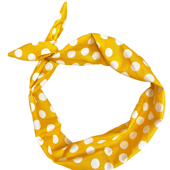 Amanda Bright Designs The Original Tie headband for women golden yellow polkadot