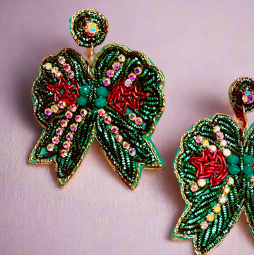 Green Bow Beaded Rhinestone Earrings