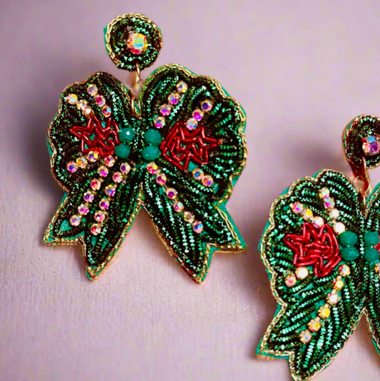 Green Bow Beaded Rhinestone Earrings