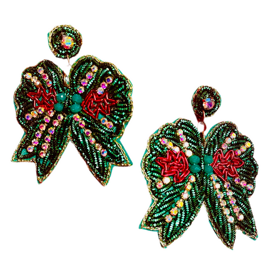 Green Bow Beaded Rhinestone Earrings
