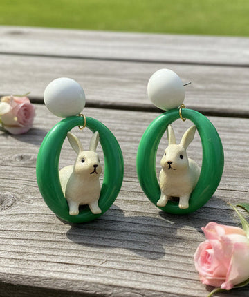 Amanda Bright Designs Rabbit Earrings with green oval hoops