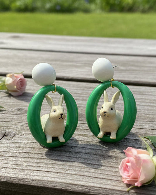 Green Oval with Rabbit Dangle Earrings