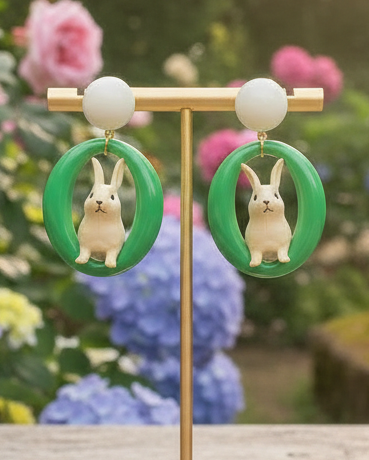 Green Oval with Rabbit Dangle Earrings