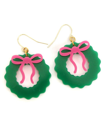 Holiday Wreath Earrings with Pink Bows