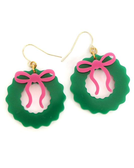 Holiday Wreath Earrings with Pink Bows
