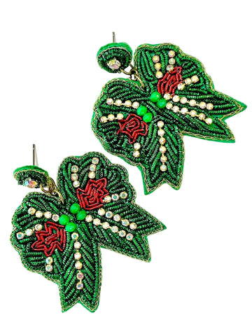 Green Bow Beaded Rhinestone Earrings