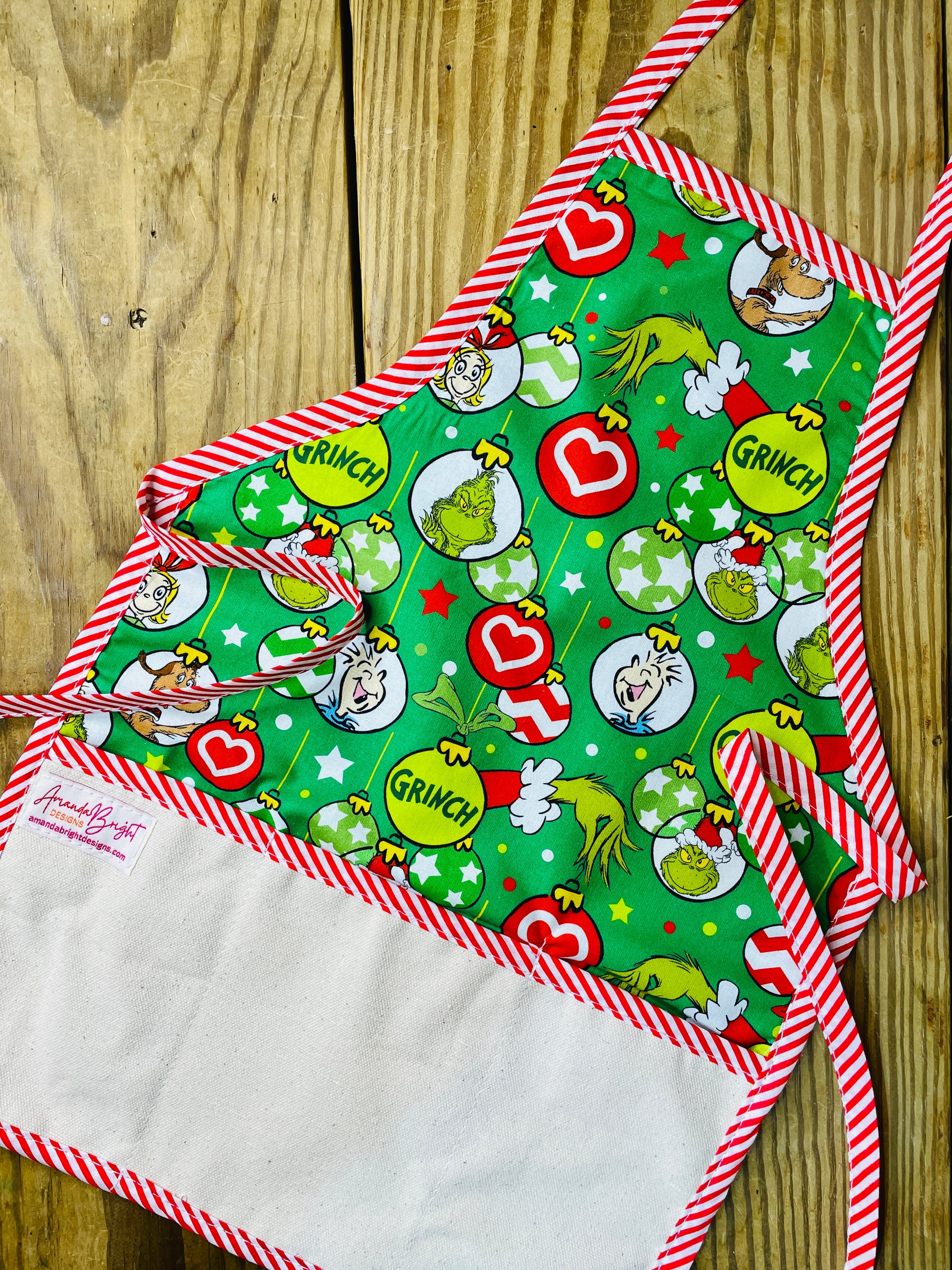 Amanda Bright Designs Children's Christmas Aprons Grinch Hello Kitty Nightmare Before Christmas Gingerbread Kitchen Baking Mommy and Me Peppermint Swirl Forest Fawn Rudolph