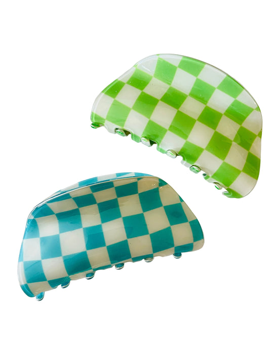 Amanda Bright Designs checkered hair claw hair clip green aqua blue