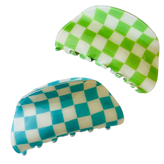 Amanda Bright Designs checkered hair clips green aqua blue