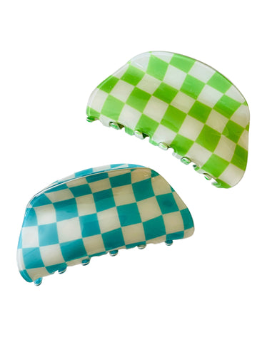 Amanda Bright Designs checkered hair clips green aqua blue
