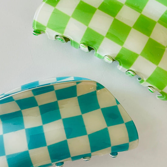 Amanda Bright Designs checkered hair clips green aqua blue