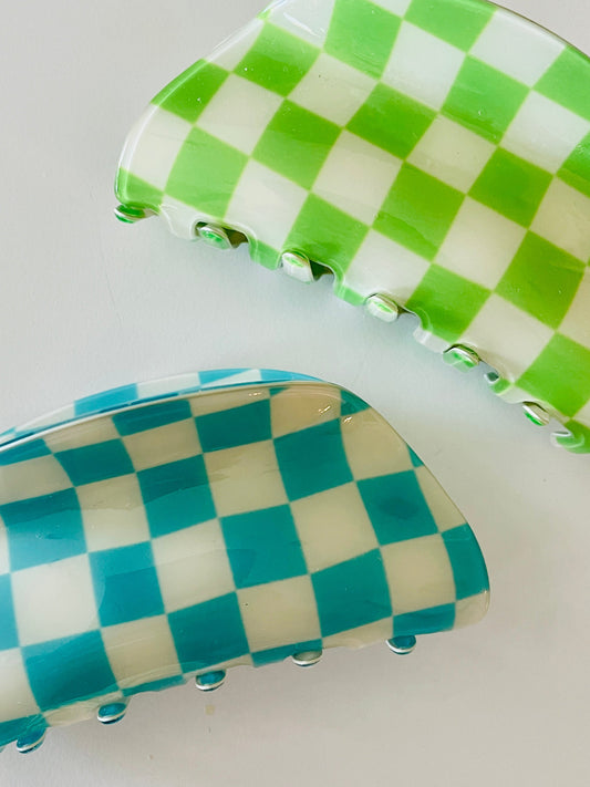 Amanda Bright Designs checkered hair clips green aqua blue