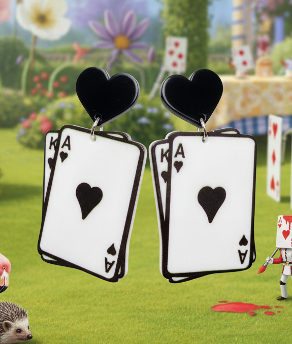 Amanda Bright Designs Playing card earrings with hearts in Alice in Wonderland backdrop