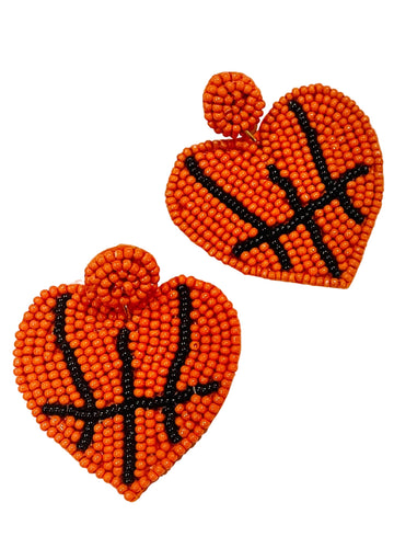 Amanda Bright Designs Heart-shaped beaded earrings with basketball design for sports player