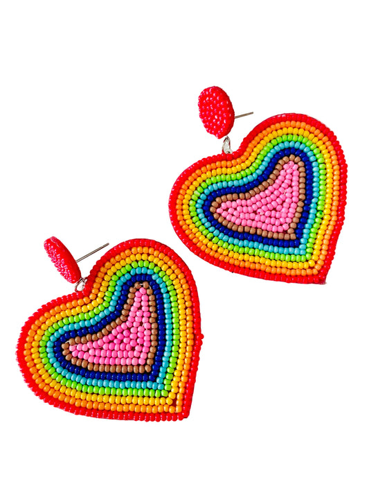 Rainbow Heart Seed Bead Earrings