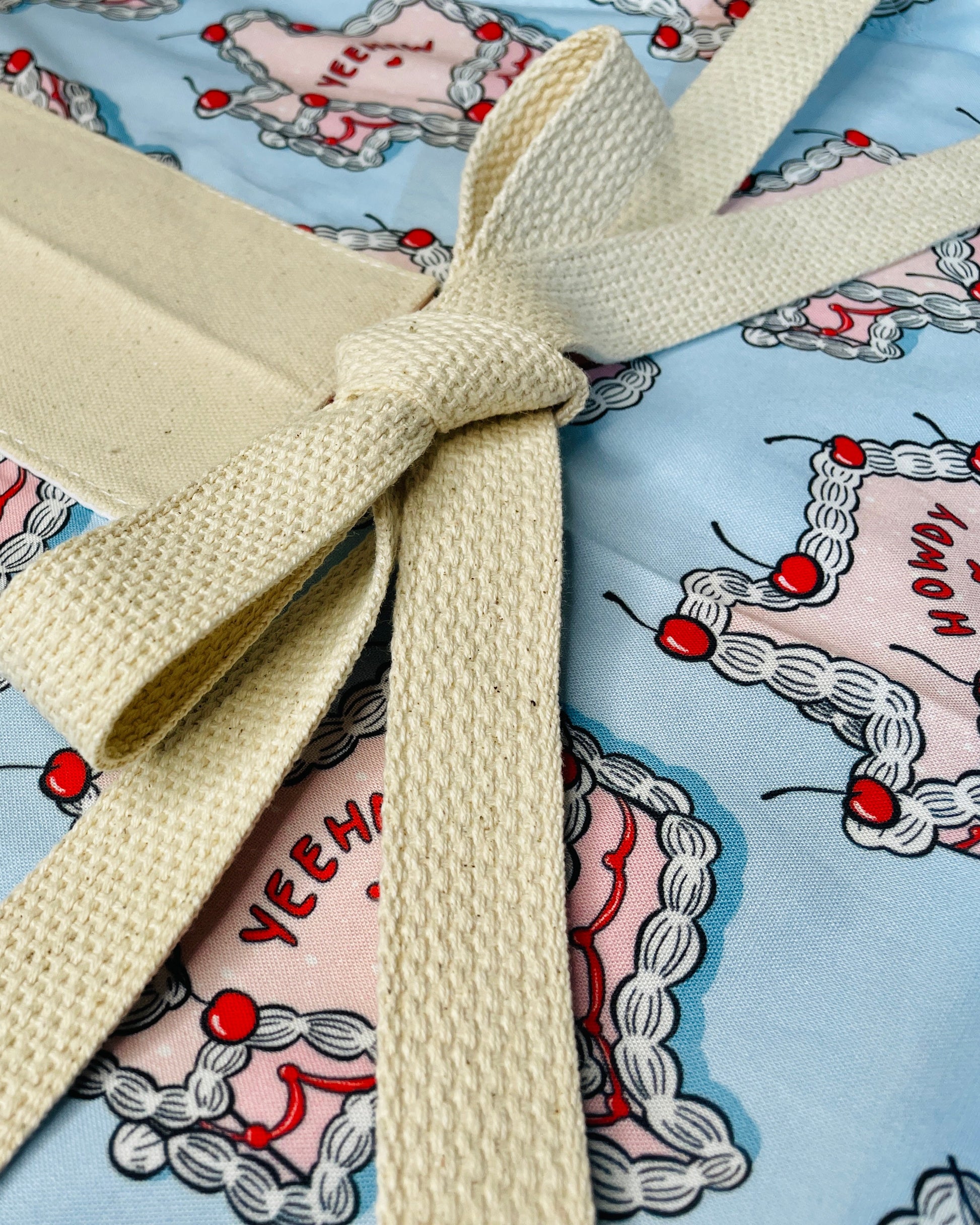 Amanda Bright Designs howdy cherry cowgirl fabric apron texas shaped like a cake with pink icing cherries and words yeehaw and howdy written on the cake on a baby blue background