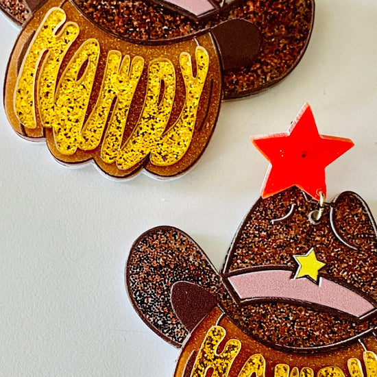 Amanda Bright Designs howdy cowboy hat and star layered acetate earrings