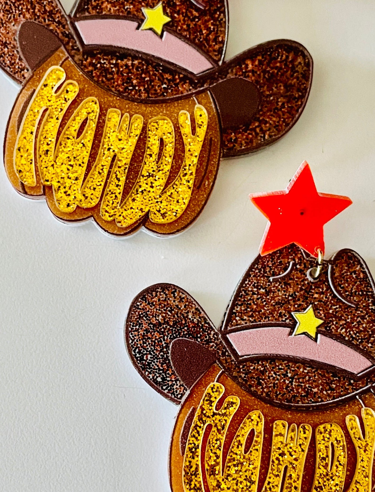 Amanda Bright Designs howdy cowboy hat and star layered acetate earrings