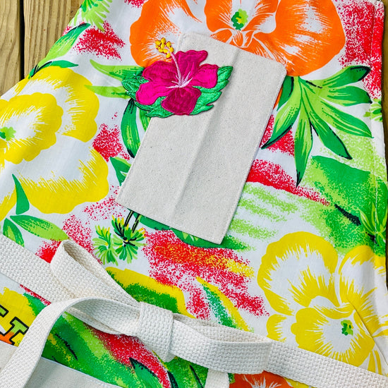 amanda bright designs Colorful floral apron with 'Hawaii' text vintage fabric 1970s limited edition