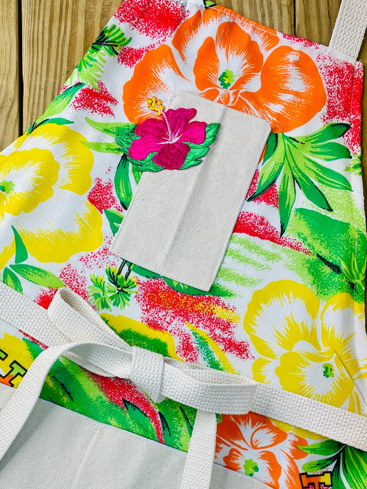 amanda bright designs Colorful floral apron with 'Hawaii' text vintage fabric 1970s limited edition