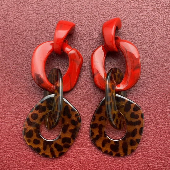 Amanda Bright Designs Red and tortoiseshell leopard print earrings