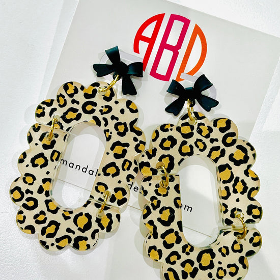 Amanda Bright Design leopard and black bow statement earring acrylic USA made