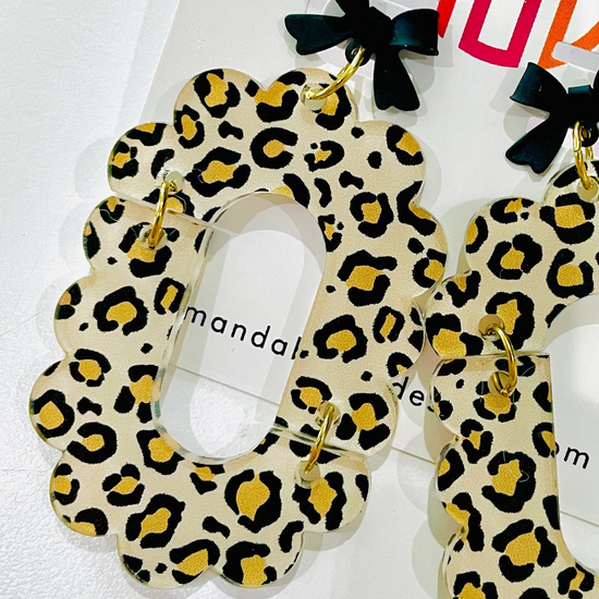 Amanda Bright Design leopard and black bow statement earring acrylic USA made