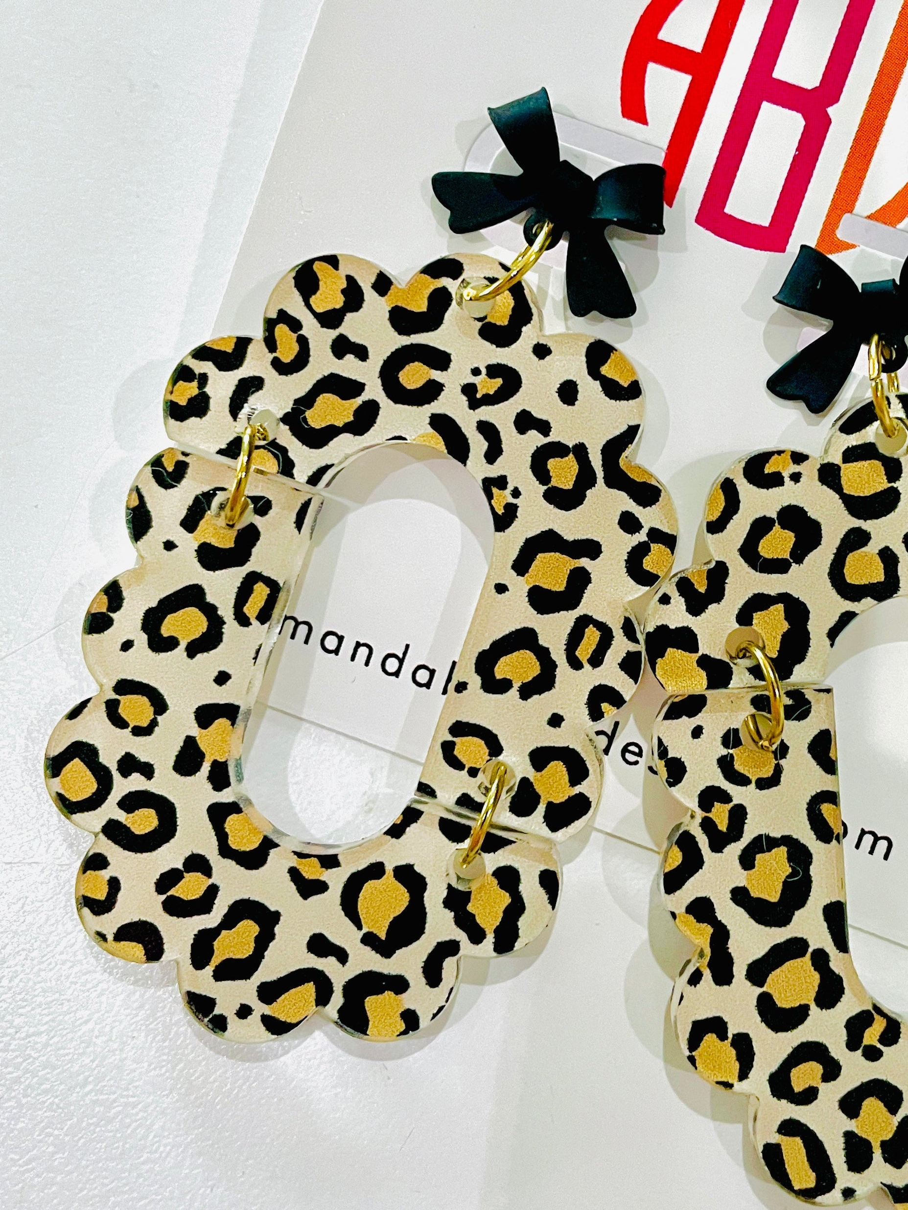 Amanda Bright Design leopard and black bow statement earring acrylic USA made