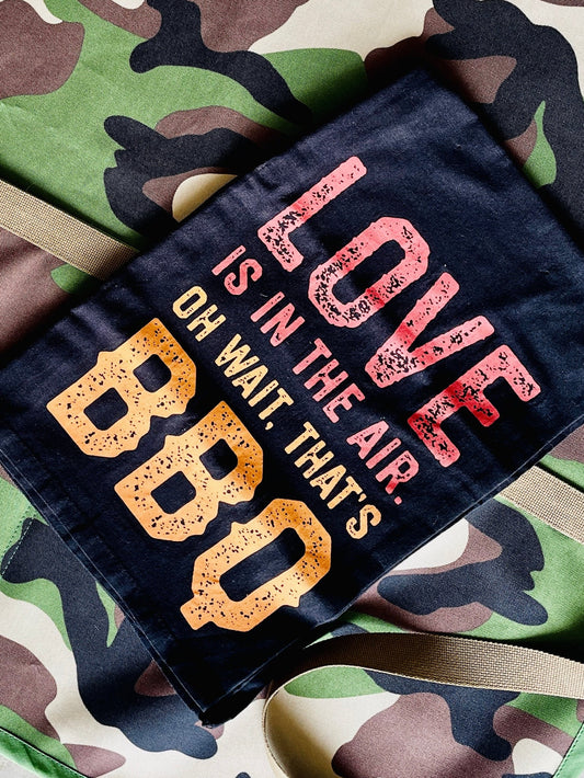Amanda Bright Designs mens apron with Love BBQ Kitchen Towel in black with orange and red letters