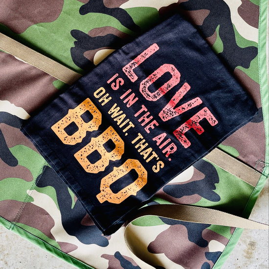 Amanda Bright Designs mens apron with Love BBQ Kitchen Towel in black with orange and red letters