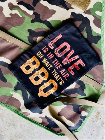 Amanda Bright Designs mens apron with Love BBQ Kitchen Towel in black with orange and red letters