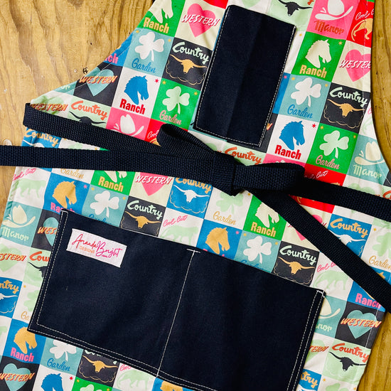 Amanda Bright Designs multicolor patchwork ranch western garden country life apron with black cotton strings and black canvas pockets