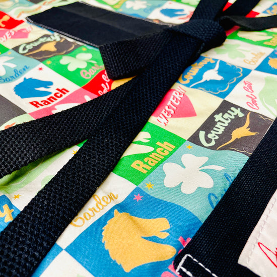 Amanda Bright Designs multicolor patchwork ranch western garden country life apron with black cotton strings and black canvas pockets