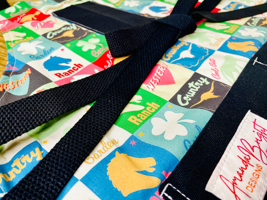 Amanda Bright Designs multicolor patchwork ranch western garden country life apron with black cotton strings and black canvas pockets