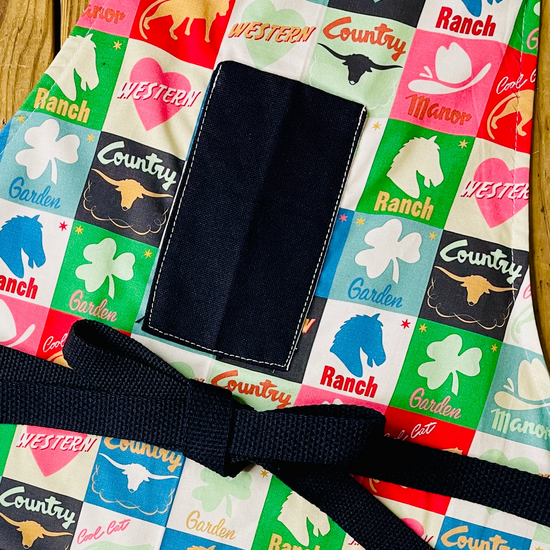 Amanda Bright Designs custom apron pattern featuring matchbook cover checkerboard colorful ranch country western horses cattle steer clovers