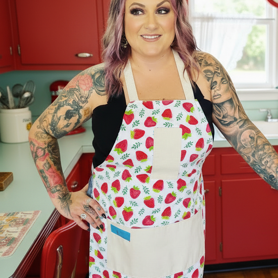 Amanda bright designs strawberry apron in midcentury kitchen
