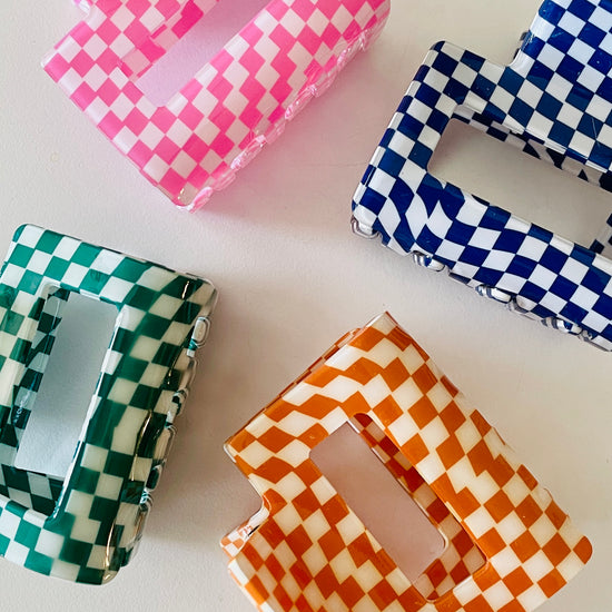 Amanda Bright Designs Four micro checkered hair clips in pink, blue, green, and orange