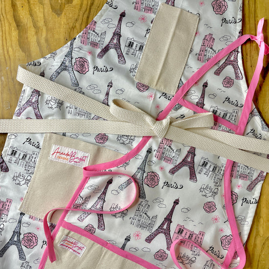 Amanda Bright Designs Paris Glitter Apron Mommy and Me set romantic pink roses Eiffel Tower apron set