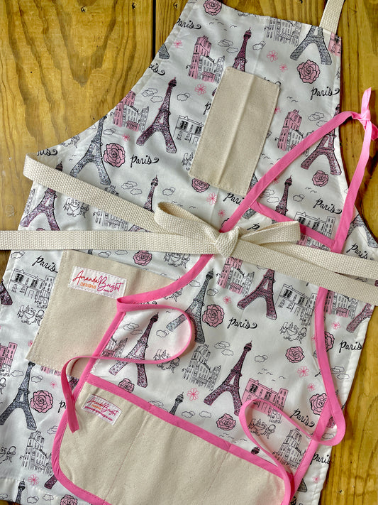 Amanda Bright Designs Paris Glitter Apron Mommy and Me set romantic pink roses Eiffel Tower apron set