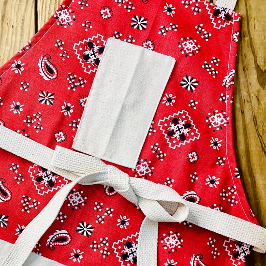 Amanda Bright Designs red banana print apron closeup