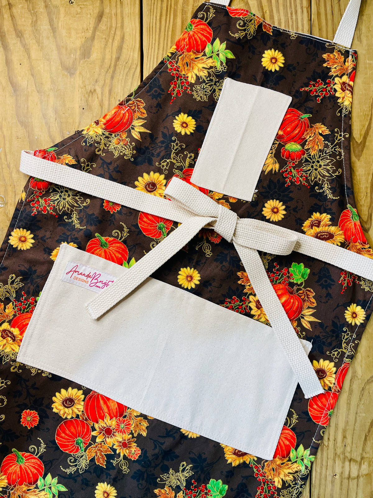 Amanda Bright Designs Nina Apron autumnal fall fabric pumpkins scrolling gold sunflowers harvest thanksgiving