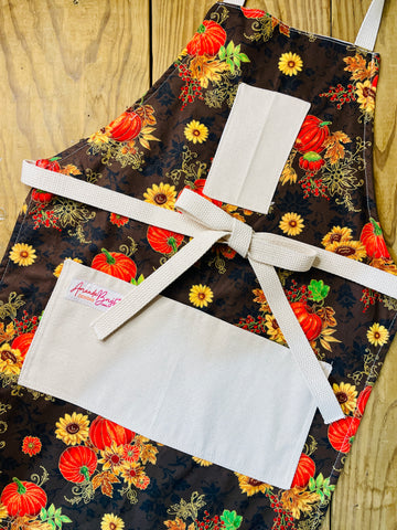 Amanda Bright Designs Nina Apron autumnal fall fabric pumpkins scrolling gold sunflowers harvest thanksgiving