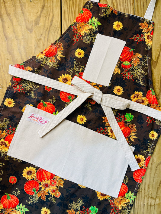 Amanda Bright Designs Nina Apron autumnal fall fabric pumpkins scrolling gold sunflowers harvest thanksgiving