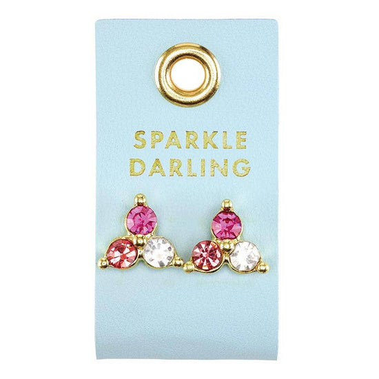 pink crystal stud earrings set in gold on a tiffany blue leather tab that says sparkle darling