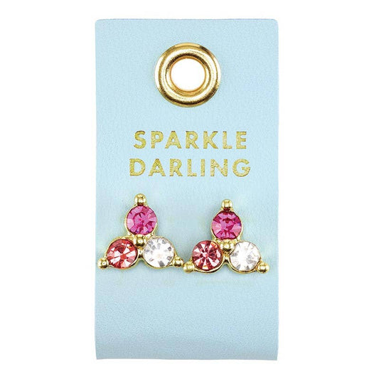 pink crystal stud earrings set in gold on a tiffany blue leather tab that says sparkle darling