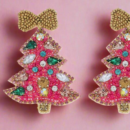 Jeweled Pink Christmas Tree Beaded Bow Earrings