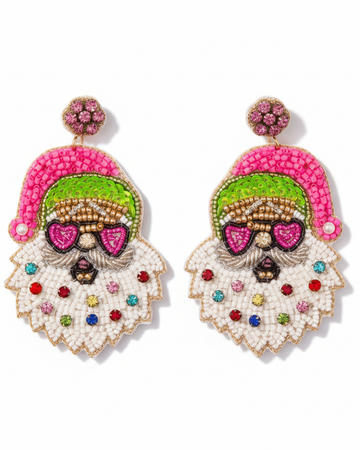 Pink Santa with Heart Glasses Seed Bead Earrings