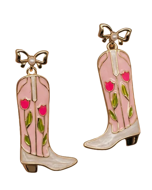 Pink Cowboy Boot with Pearl and Gold Bow Earrings