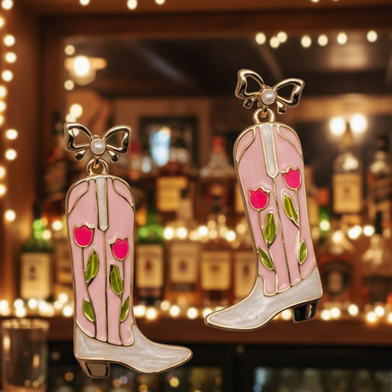 Amanda Bright Designs Pink Cowboy Boot with pearl and gold bow earrings