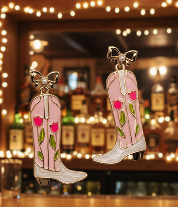 Amanda Bright Designs Pink Cowboy Boot with pearl and gold bow earrings